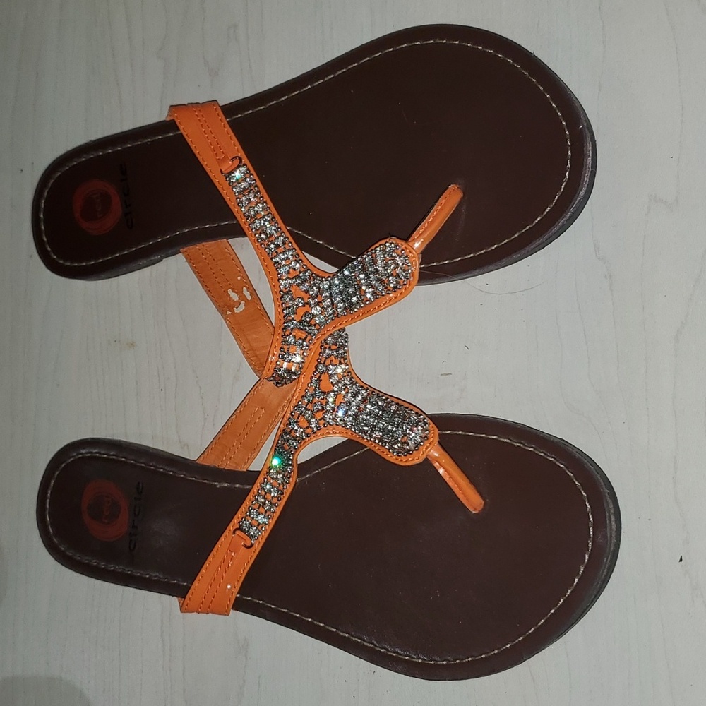 Red Circle 7.5 blinged out sandals orange t strap adorned with rhinestones
